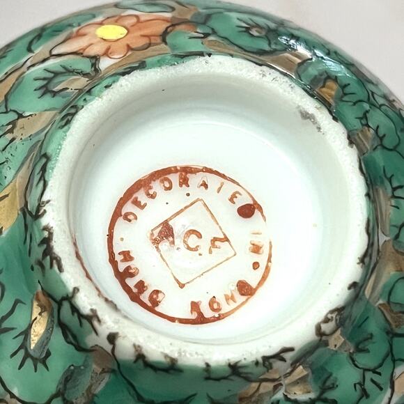 Vintage A.C.F. Mid Century Japanese Porcelain Tea Set Green Floral Gold Enamel - Picture 3 of 16